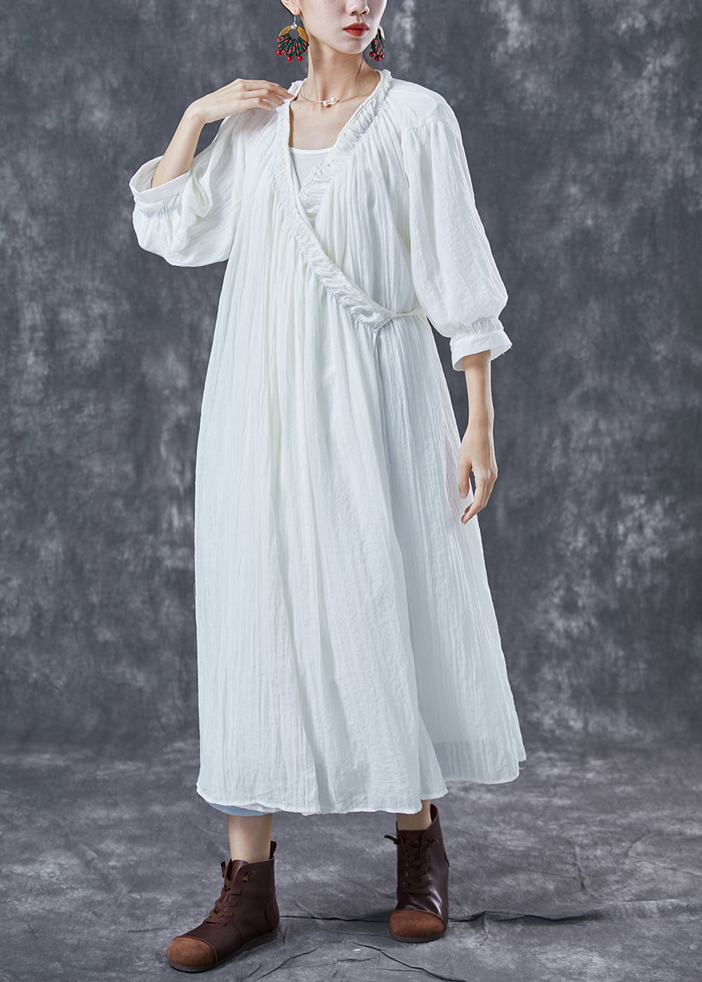 White Cotton Maxi Dresses Tie Waist Wrinkled Summer LY4021 - fabuloryshop