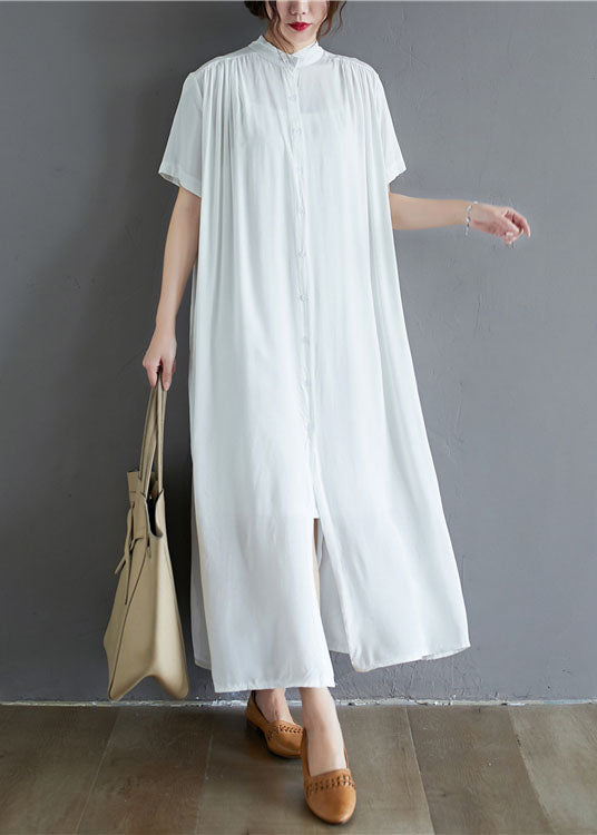 White Draping Cotton Holiday Dress Stand Collar Oversized Summer LY1538 - fabuloryshop