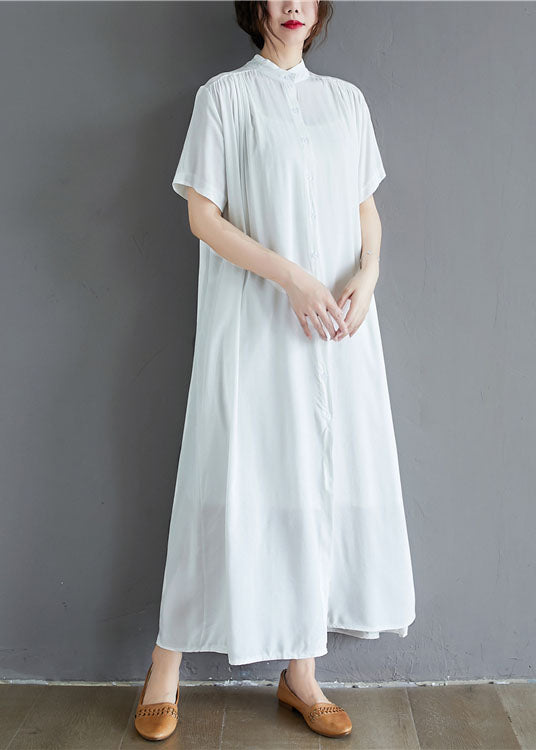 White Draping Cotton Holiday Dress Stand Collar Oversized Summer LY1538 - fabuloryshop