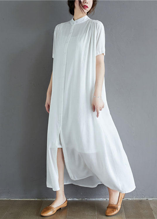 White Draping Cotton Holiday Dress Stand Collar Oversized Summer LY1538 - fabuloryshop