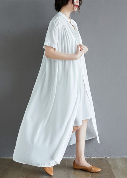 White Draping Cotton Holiday Dress Stand Collar Oversized Summer LY1538 - fabuloryshop