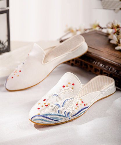 White Embroideried Cotton Fabric Chinese Style Splicing Flat Slide Sandals Ada Fashion