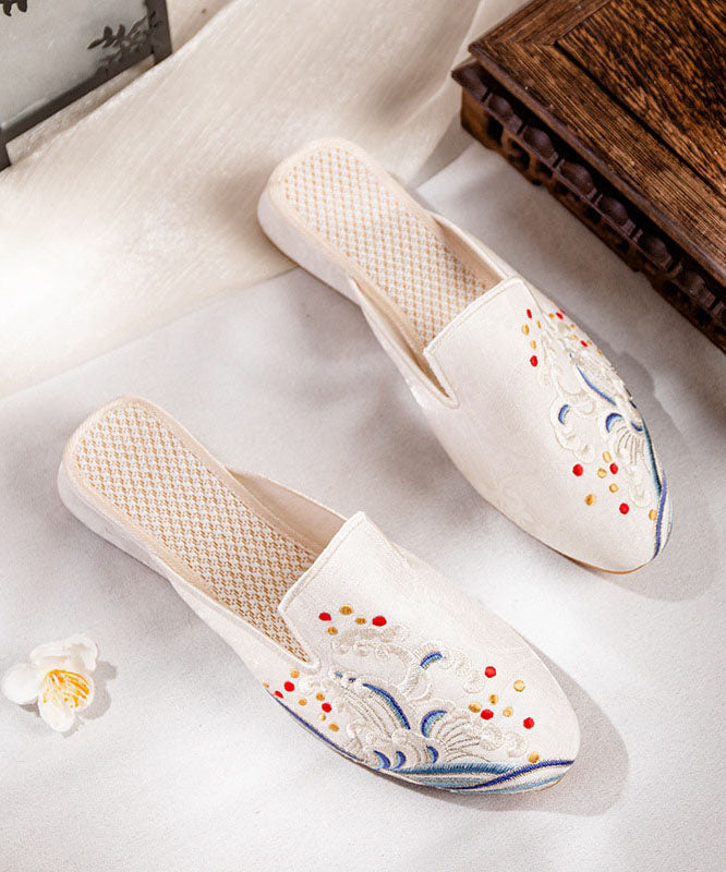 White Embroideried Cotton Fabric Chinese Style Splicing Flat Slide Sandals Ada Fashion