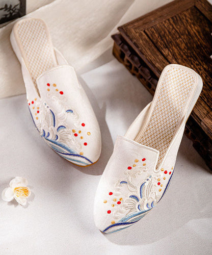 White Embroideried Cotton Fabric Chinese Style Splicing Flat Slide Sandals Ada Fashion