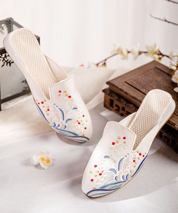 White Embroideried Cotton Fabric Chinese Style Splicing Flat Slide Sandals Ada Fashion