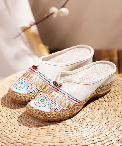 White Embroideried Slide Sandals Retro Splicing Linen Fabric LY7678