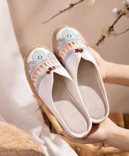 White Embroideried Slide Sandals Retro Splicing Linen Fabric LY7678