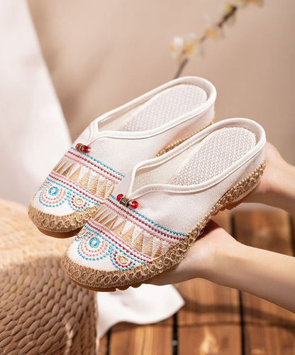 White Embroideried Slide Sandals Retro Splicing Linen Fabric LY7678