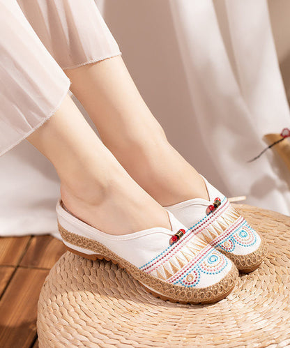 White Embroideried Slide Sandals Retro Splicing Linen Fabric LY7678