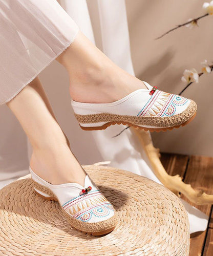 White Embroideried Slide Sandals Retro Splicing Linen Fabric LY7678