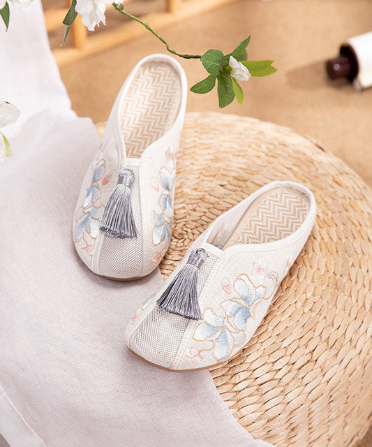 White Flat Slide Sandals Linen Fabric Chic Embroidery Tassel LY7704 Ada Fashion