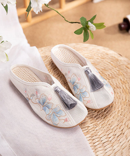 White Flat Slide Sandals Linen Fabric Chic Embroidery Tassel LY7704 Ada Fashion