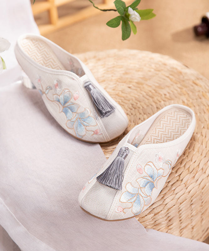 White Flat Slide Sandals Linen Fabric Chic Embroidery Tassel LY7704 Ada Fashion