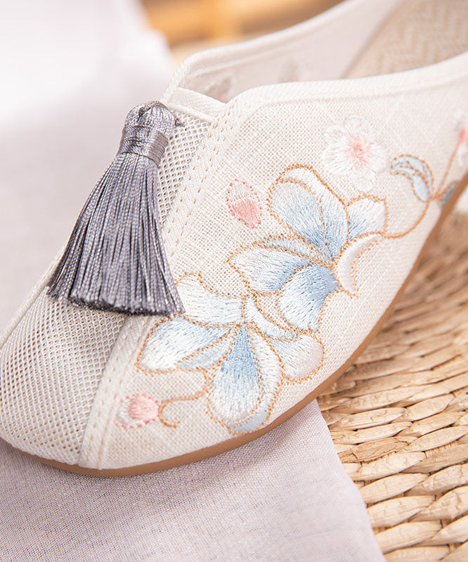 White Flat Slide Sandals Linen Fabric Chic Embroidery Tassel LY7704 Ada Fashion