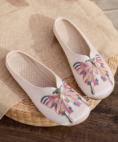 White Flat Slide Sandals Women Cotton Fabric Soft Splicing Embroideried LY7682