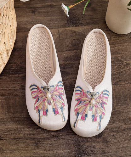 White Flat Slide Sandals Women Cotton Fabric Soft Splicing Embroideried LY7682