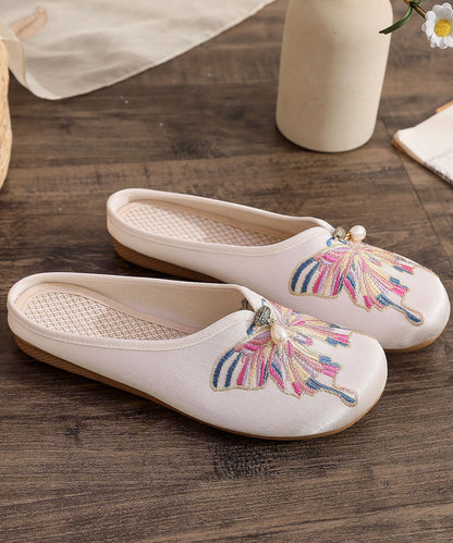 White Flat Slide Sandals Women Cotton Fabric Soft Splicing Embroideried LY7682