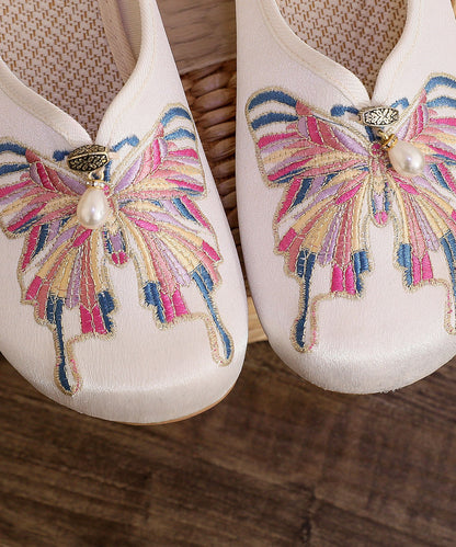 White Flat Slide Sandals Women Cotton Fabric Soft Splicing Embroideried LY7682