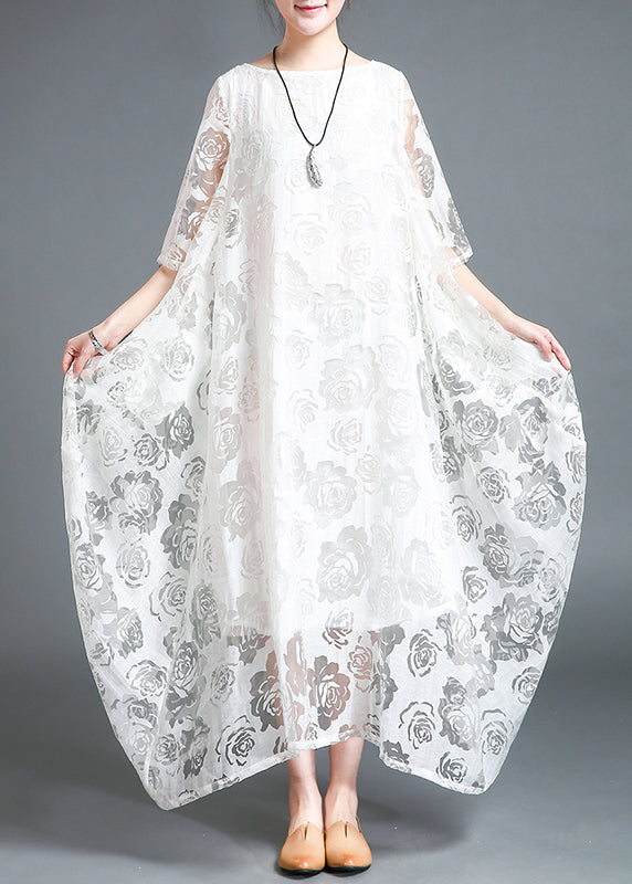 White Hollow Out Lace Vacation Long Dresses Half Sleeve LY2850 - fabuloryshop