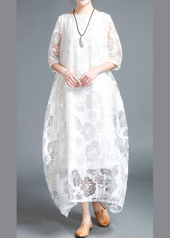 White Hollow Out Lace Vacation Long Dresses Half Sleeve LY2850