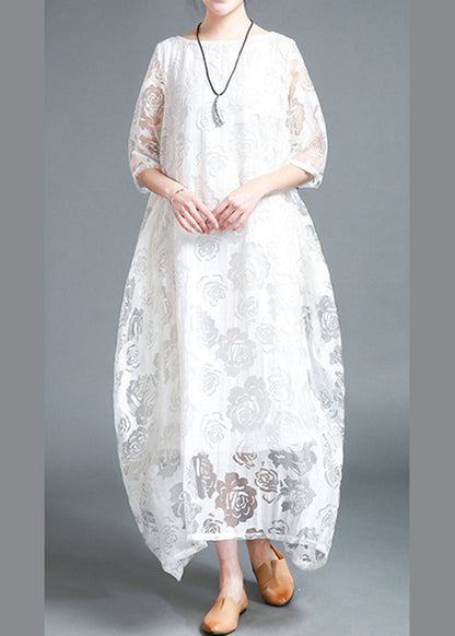 White Hollow Out Lace Vacation Long Dresses Half Sleeve LY2850 - fabuloryshop