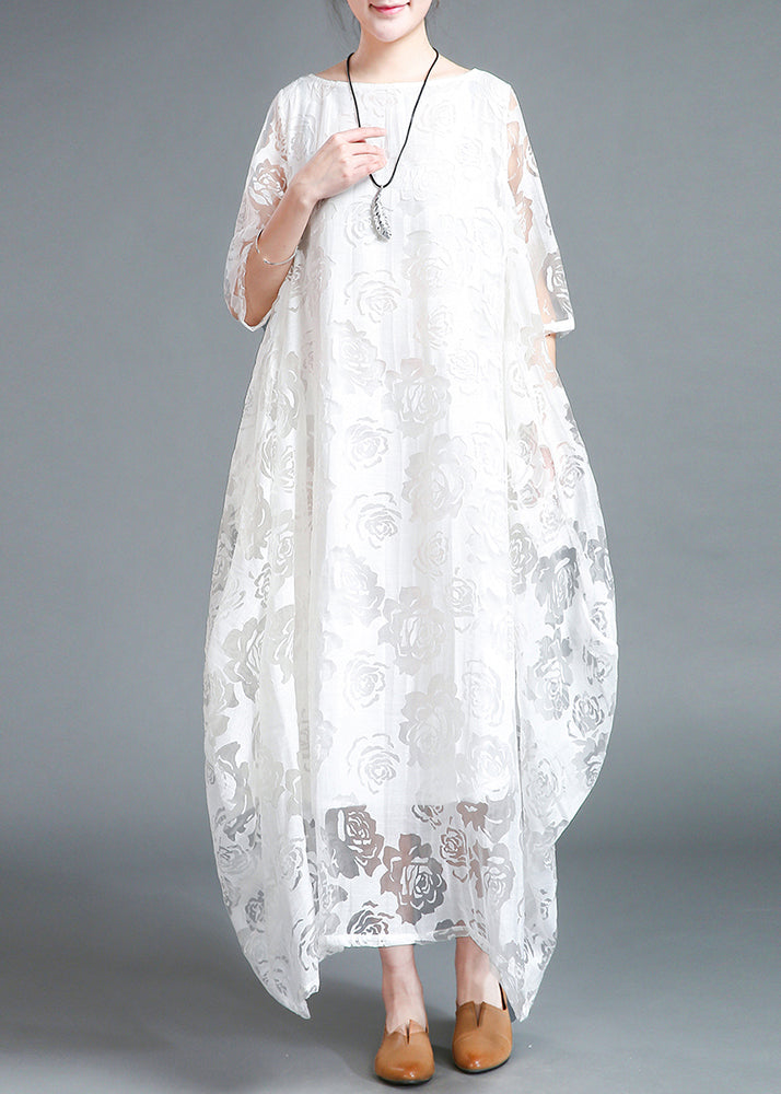 White Hollow Out Lace Vacation Long Dresses Half Sleeve LY2850 - fabuloryshop