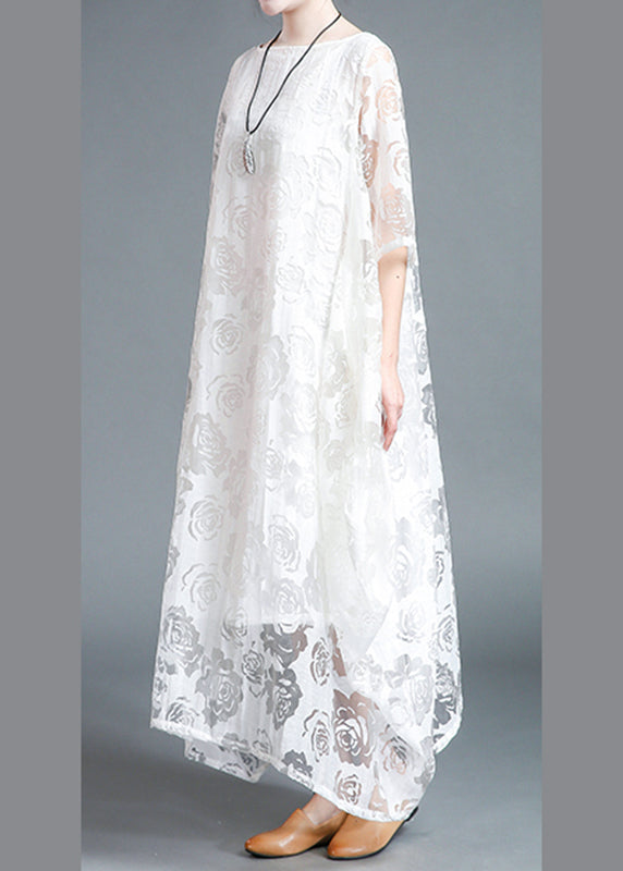 White Hollow Out Lace Vacation Long Dresses Half Sleeve LY2850 - fabuloryshop