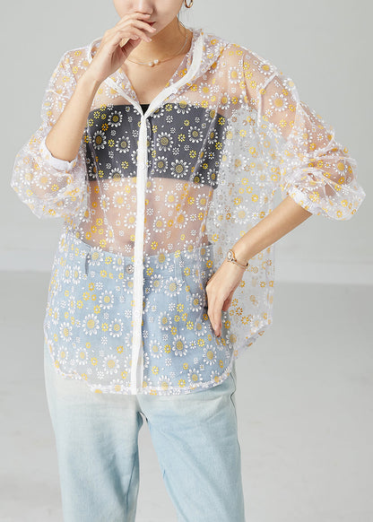 White Hollow Out Tulle UPF 50+ Coat Jacket Hooded Print Summer LY2458 - fabuloryshop