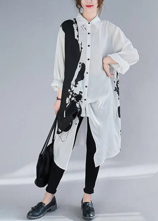 White Inkwash Painting Cotton Dress Asymmetrical Fall Ada Fashion