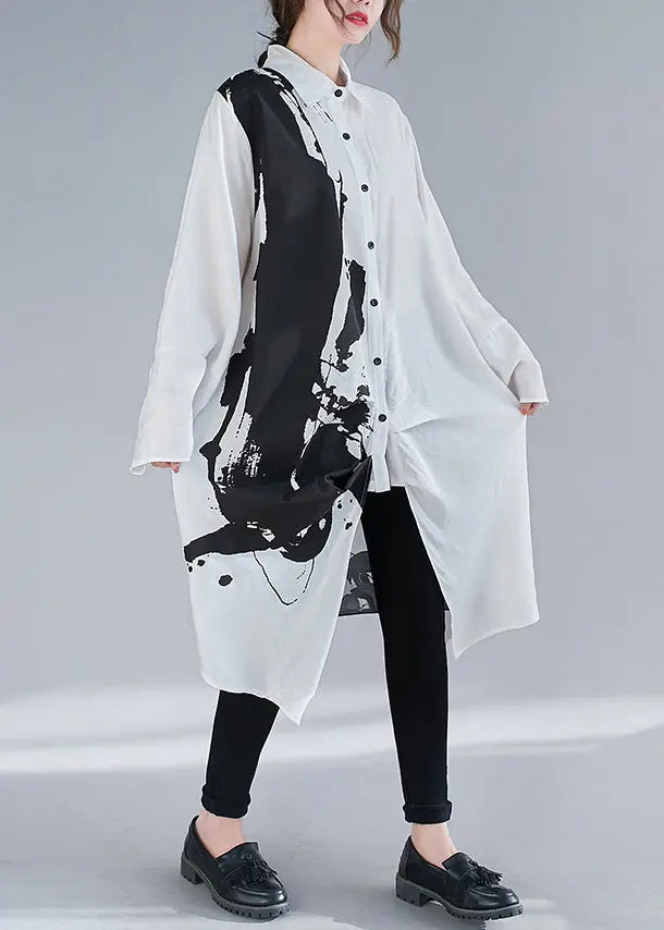 White Inkwash Painting Cotton Dress Asymmetrical Fall Ada Fashion