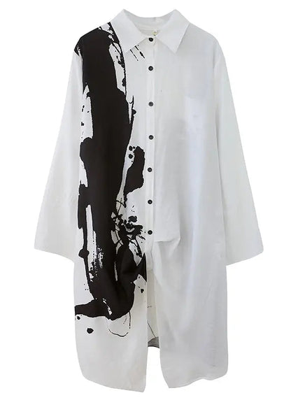 White Inkwash Painting Cotton Dress Asymmetrical Fall Ada Fashion