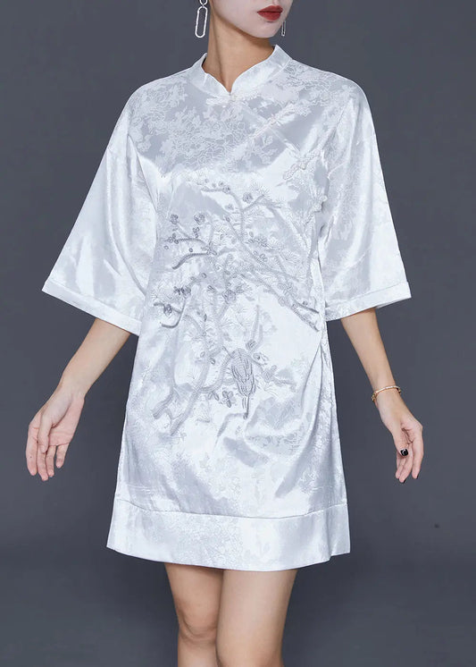 White Jacquard Silk Chinese Style Dress Embroideried Half Sleeve Ada Fashion