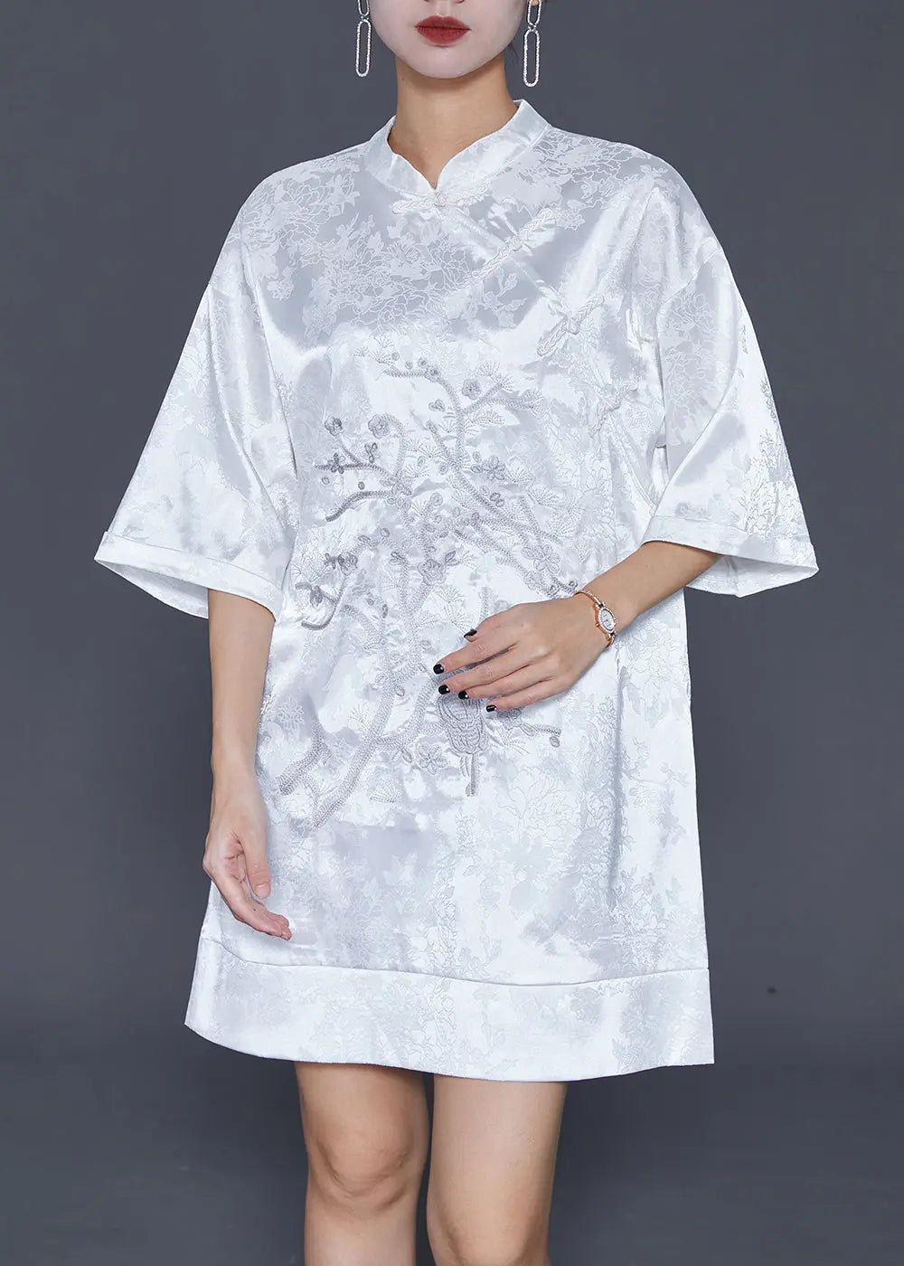 White Jacquard Silk Chinese Style Dress Embroideried Half Sleeve Ada Fashion