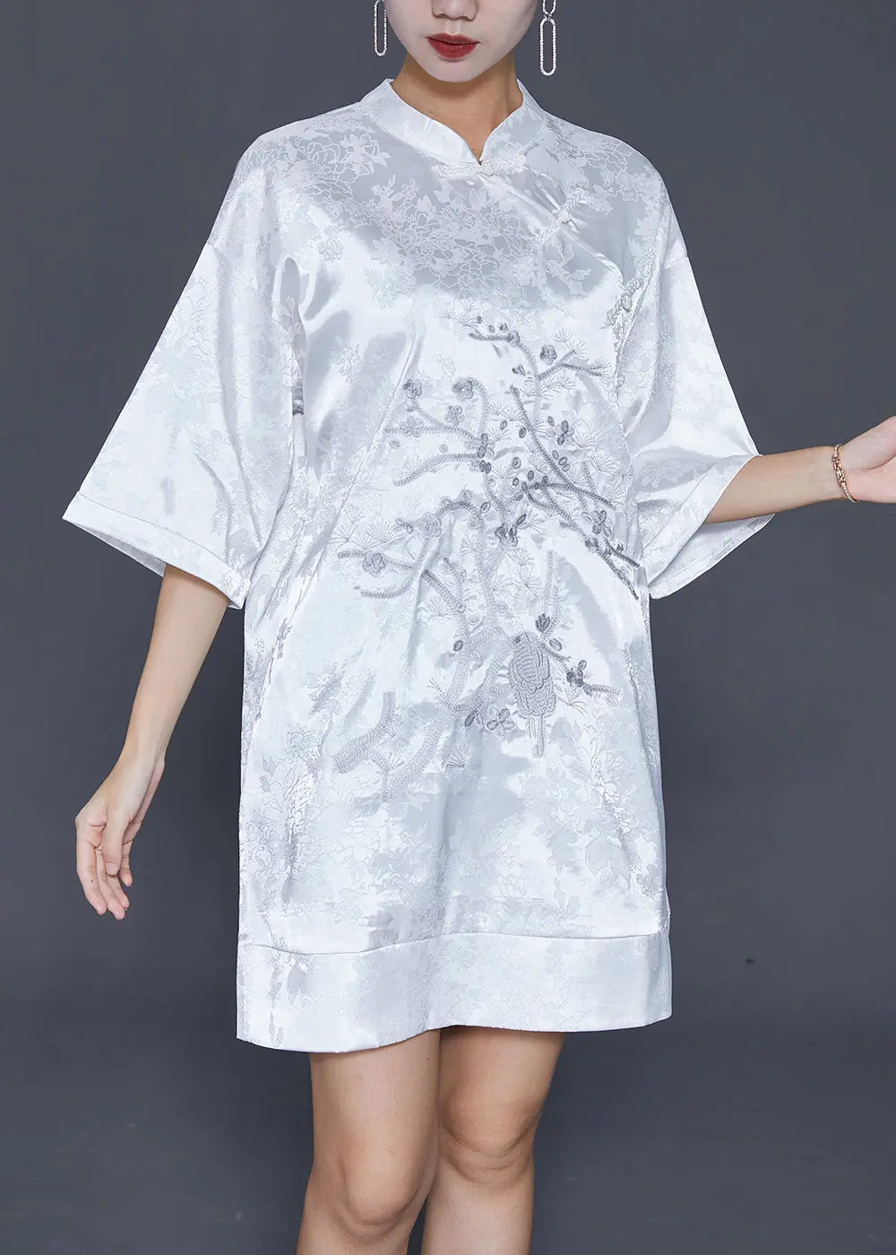 White Jacquard Silk Chinese Style Dress Embroideried Half Sleeve Ada Fashion