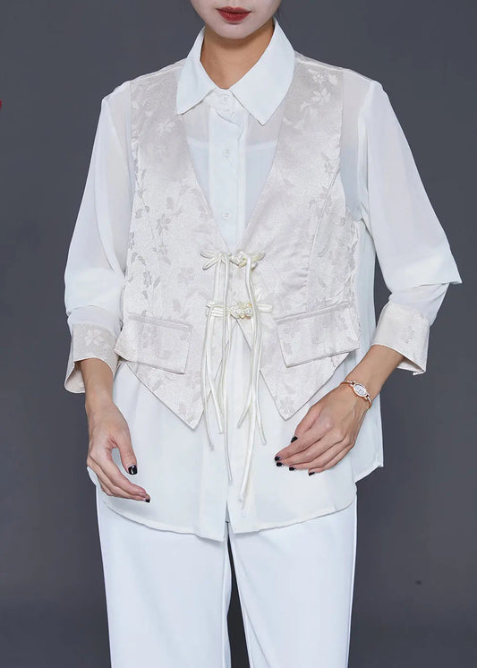 White Jacquard Silk Fake Two Piece Shirt Top Chinese Button Tasseled Fall Ada Fashion