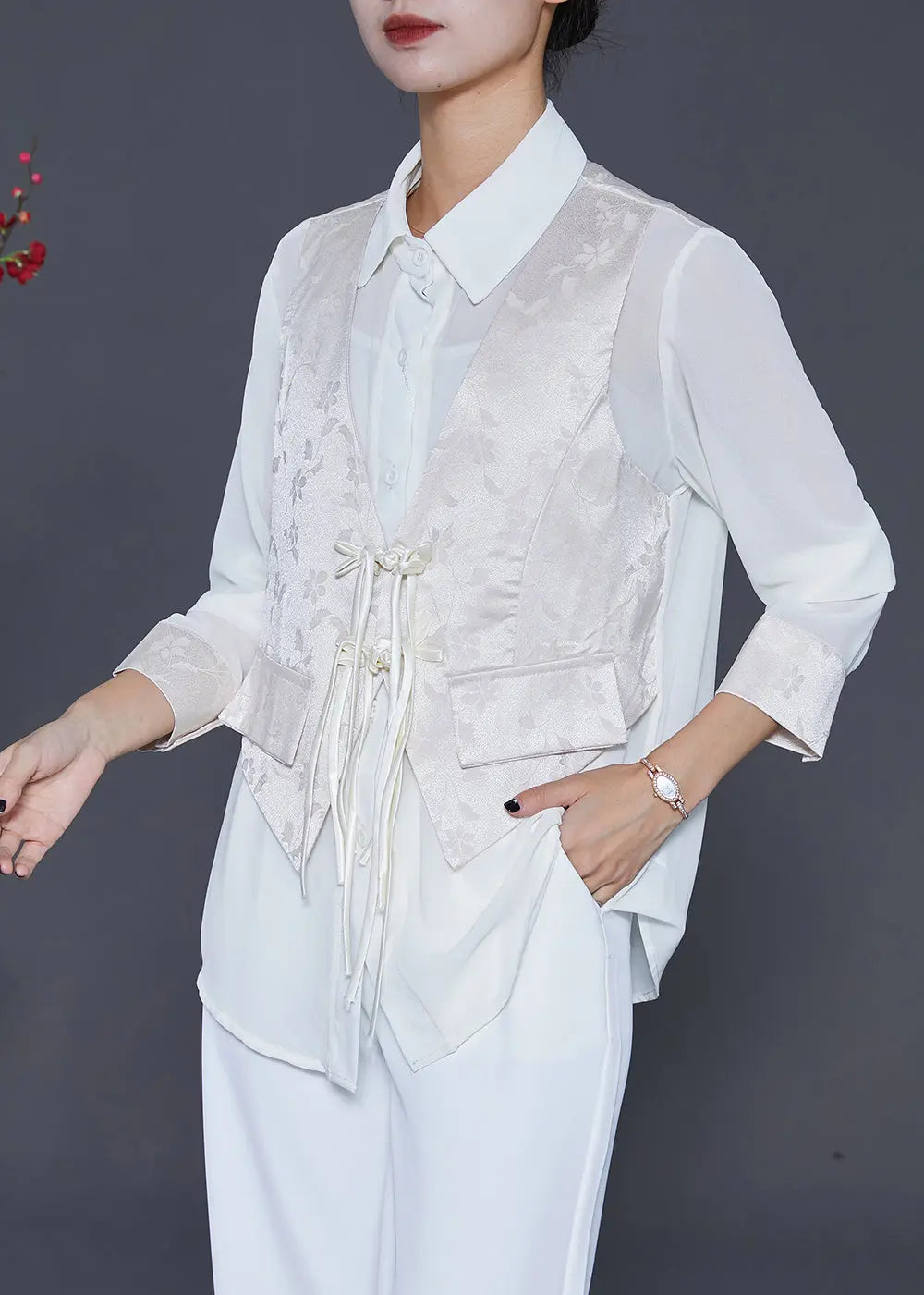 White Jacquard Silk Fake Two Piece Shirt Top Chinese Button Tasseled Fall Ada Fashion