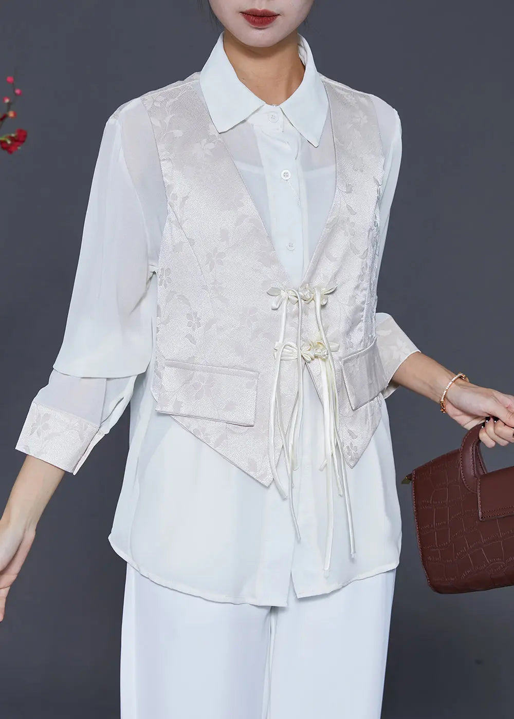 White Jacquard Silk Fake Two Piece Shirt Top Chinese Button Tasseled Fall Ada Fashion