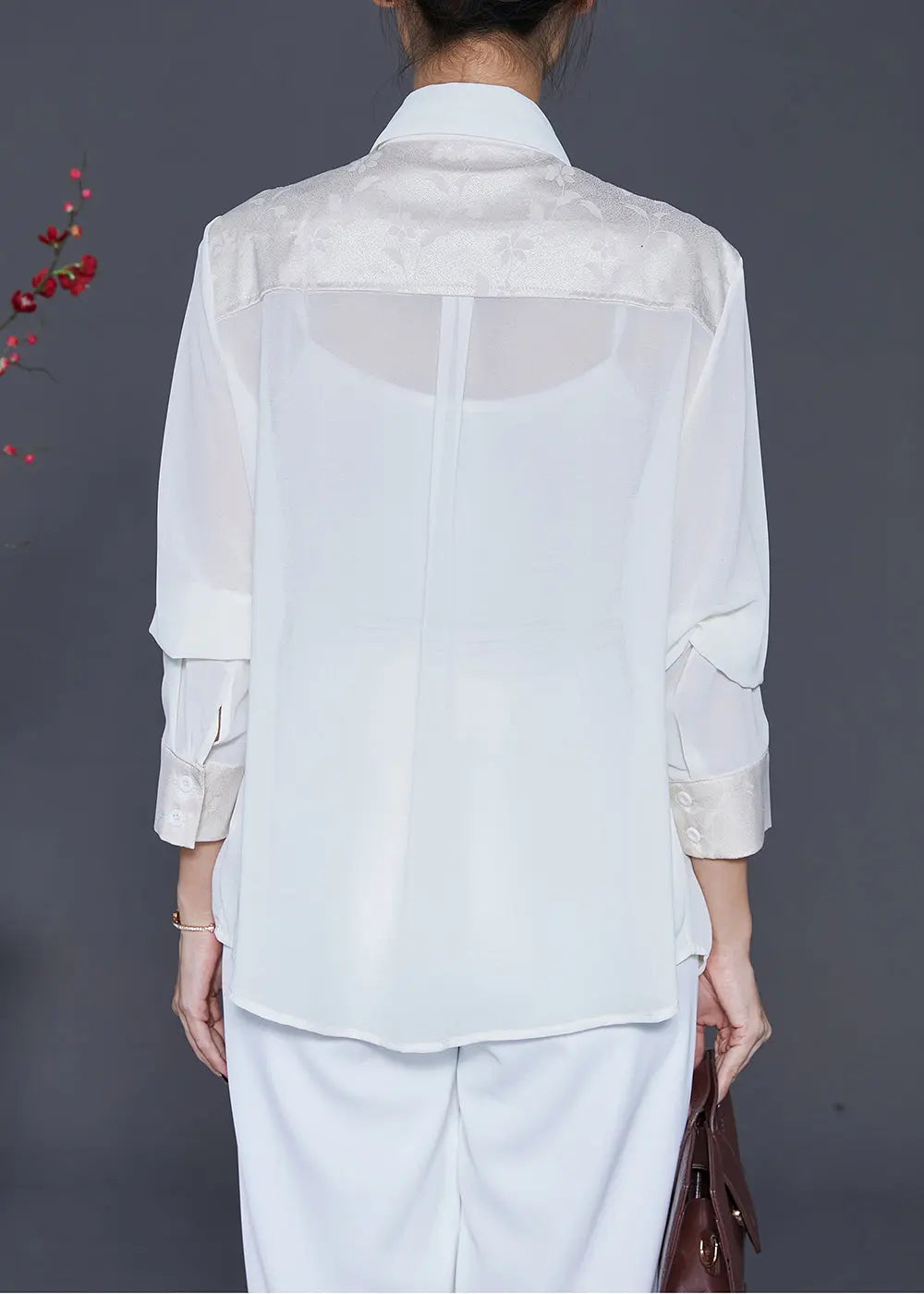 White Jacquard Silk Fake Two Piece Shirt Top Chinese Button Tasseled Fall Ada Fashion