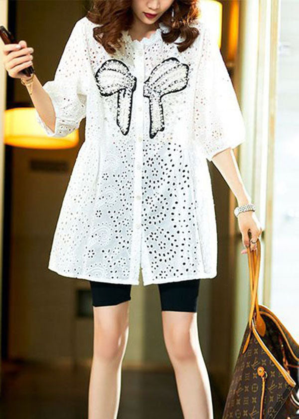 White Lace Nail Bead Patchwork Cotton Shirt Tops Hollow Out Summer LY3808 - fabuloryshop