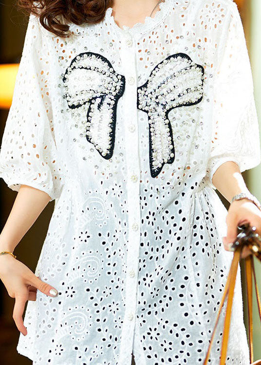 White Lace Nail Bead Patchwork Cotton Shirt Tops Hollow Out Summer LY3808 - fabuloryshop