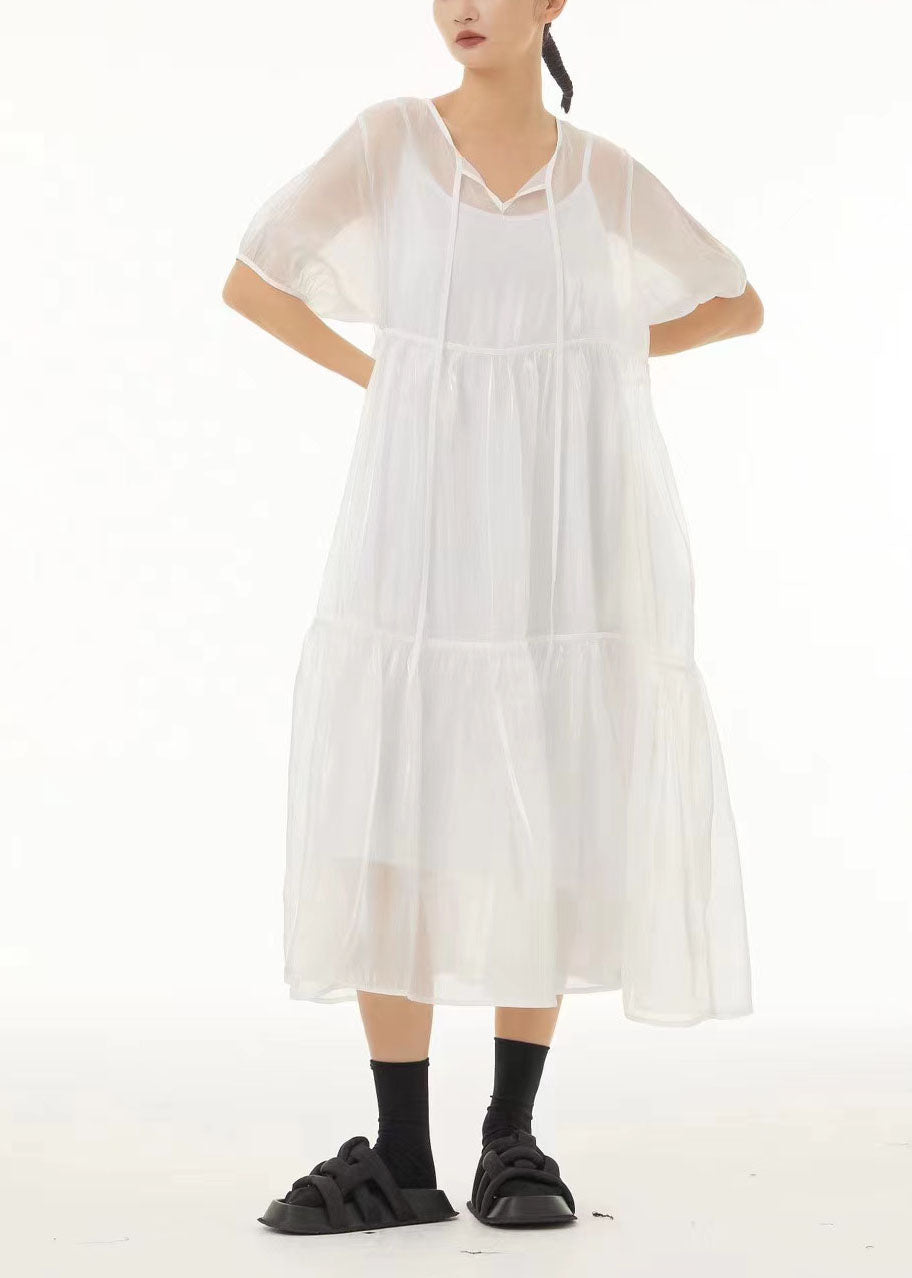 White Lace Up Tulle Long Dress Two Pieces Set Exra Large Hem Summer TS1040 - fabuloryshop