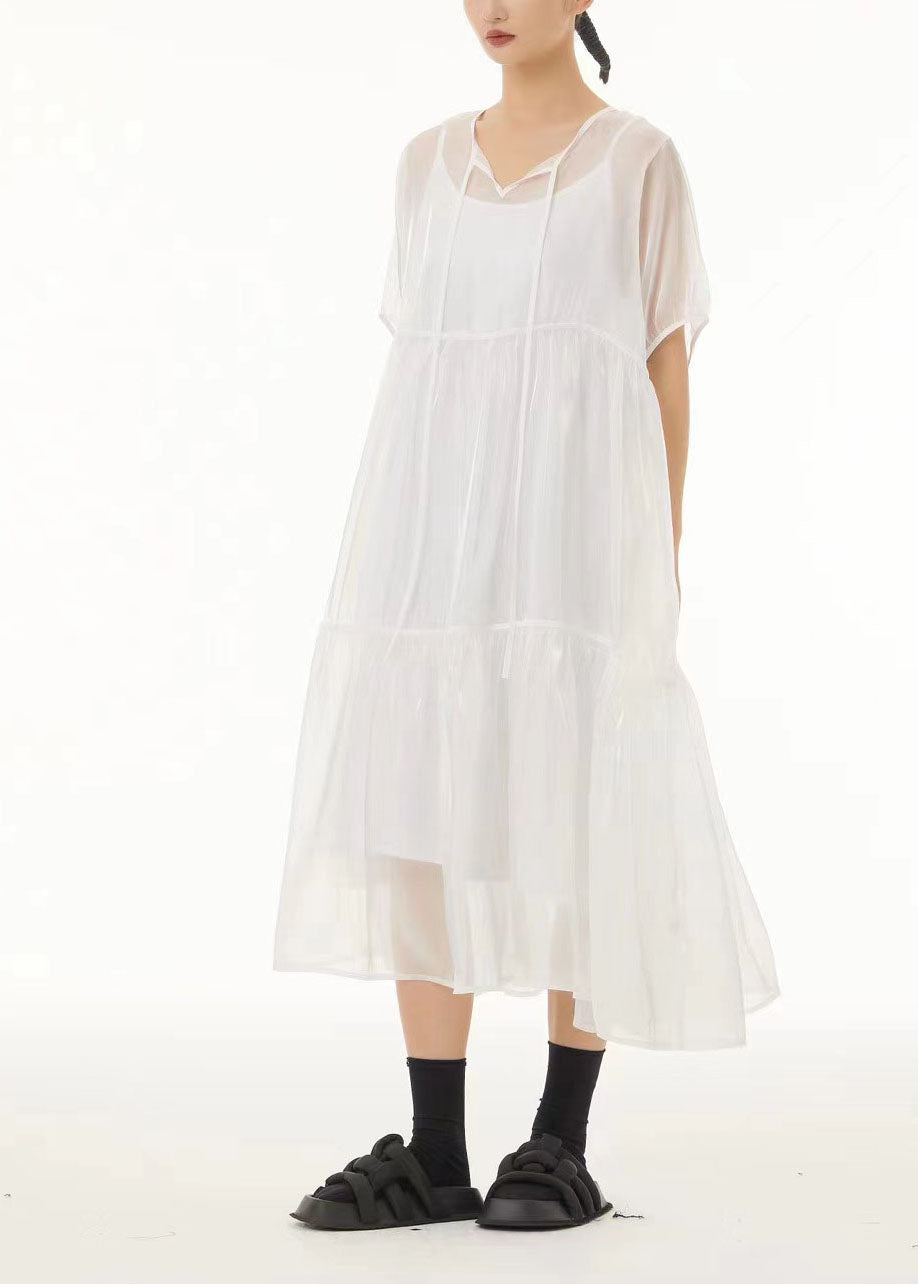 White Lace Up Tulle Long Dress Two Pieces Set Exra Large Hem Summer TS1040 - fabuloryshop