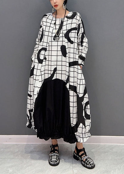 White Letter Print Cotton Ankle Dress O-Neck Wrinkled Spring LY1662 - fabuloryshop