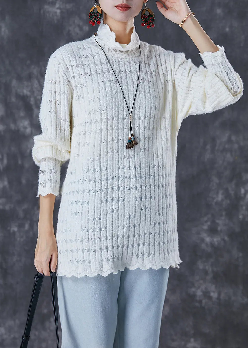 White Loose Knit Shirt Top Turtle Neck Fall Ada Fashion