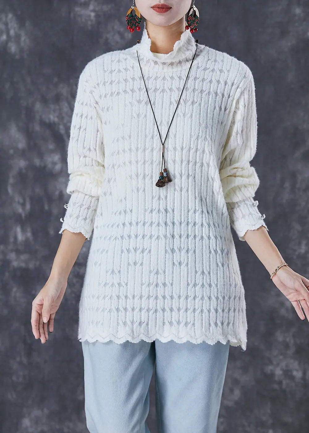 White Loose Knit Shirt Top Turtle Neck Fall Ada Fashion