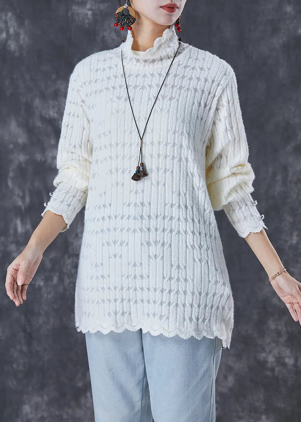 White Loose Knit Shirt Top Turtle Neck Fall Ada Fashion