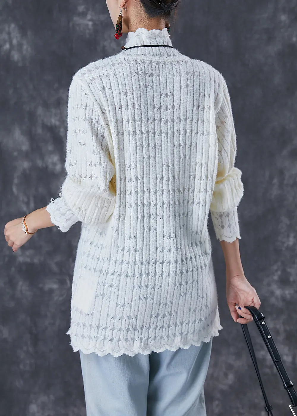 White Loose Knit Shirt Top Turtle Neck Fall Ada Fashion