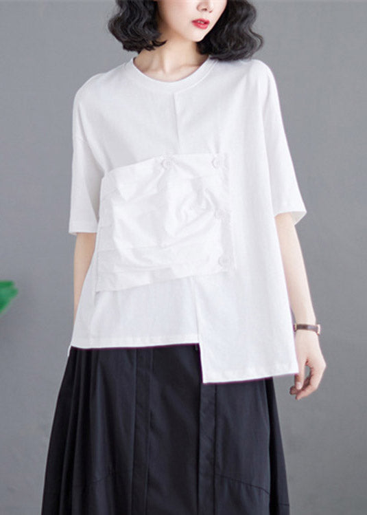 White O-Neck Asymmetrical Cotton Top Short Sleeve LY4002 - fabuloryshop