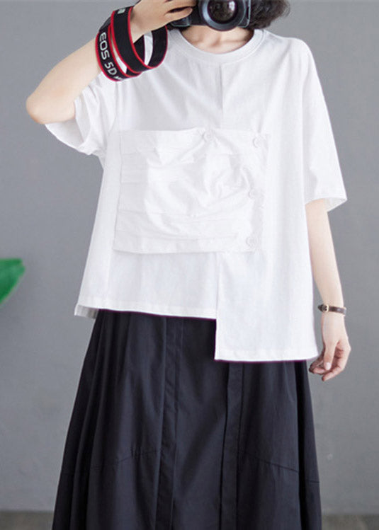 White O-Neck Asymmetrical Cotton Top Short Sleeve LY4002 - fabuloryshop