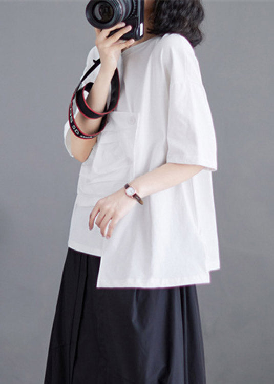 White O-Neck Asymmetrical Cotton Top Short Sleeve LY4002 - fabuloryshop